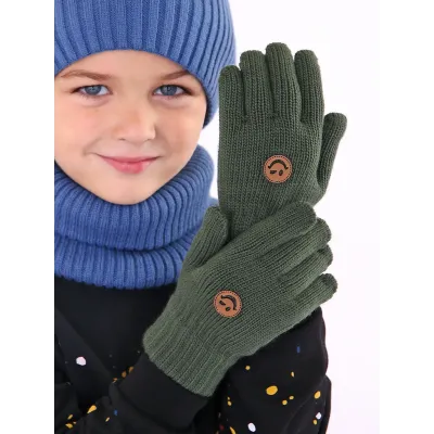 Перчатки вязаные шерстяные, хаки, 5-6 лет, Поляярик