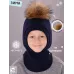 Шапка шлем зимняя с помпоном для мальчика, темно-синий, 48-50, Поляярик